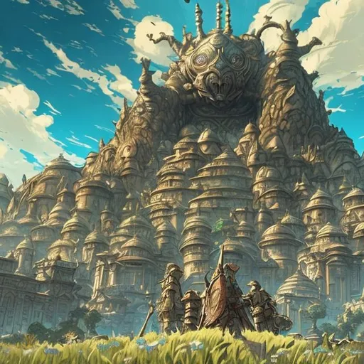 Prompt: an enormous labyrinth, beautiful architecture, statues, highly detailed carvings, atmosphere, dramatic lighting, epic composition, close up, low angle, wide angle, by miyazaki, nausicaa ghibli, breath of the wild