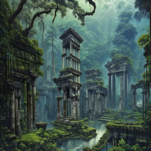 Prompt: Landscape painting, lush and dark jungle, ancient ruins with white stone, dull colors, danger, fantasy art, by Hiro Isono, by Luigi Spano, by John Stephens
