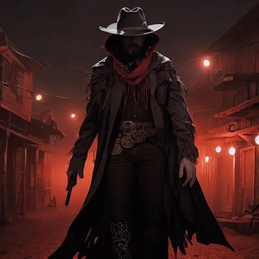 Prompt: Cyber Cowboy with 4 Arms, fiery red Poncho, Dressed in black duster and Stetson Cowboy Hat, with Red eyes, Haunting Presence, Intricately Detailed, Hyperdetailed, Desert Wild West Landscape, Dusty Midnight Lighting, Wild West Feel