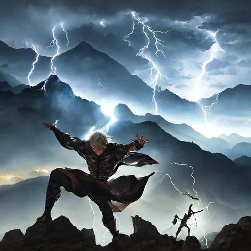 Prompt: Man hovering in the air, light coming out of eyes and mouth, lightning striking in the background, mountains in background, battle scene, anime fight scene