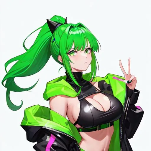 Prompt: She has a long, distinctive neon-green and black ponytail that comes out from behind her hood, and her bangs are dyed pink

