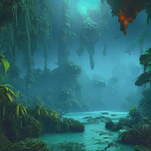 Prompt: jungle, deep rivers, mariana trench, depth map, alien planet