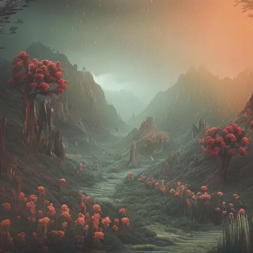 Prompt: Persephone concept landscape in vintage with rainy foggy vibe