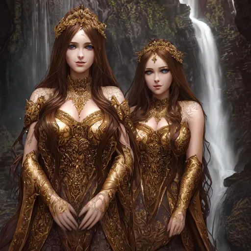 Prompt: Cinematic, Dark, Glamor, Shimmer, 3D HD Heroic Faded-Leaves and silk (Beautiful detailed face{Goddess}female with brown hair dressed as Princess), Morning}, big beautiful eyes, focus on perfect fingers, focus on perfect facial composition, hyper realistic, super detailed, high quality, sharp focus, studio photo, intricate details, highly detailed, expansive magical waterfall background, 64K --s98500
