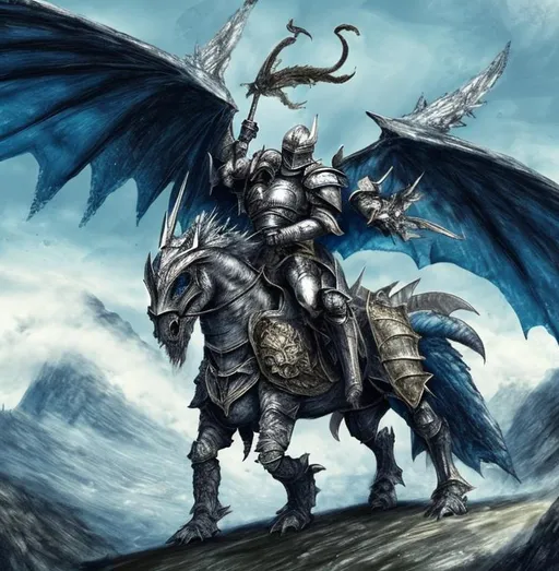 a winged knight riding animal half dragon/half horse... | OpenArt