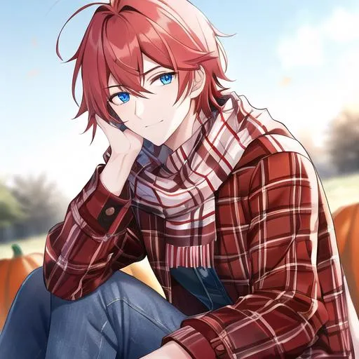 Prompt: Zerif 1male (Red side-swept hair covering his right eye, blue eyes), highly detailed face, wearing a cozy flannel shirt and a pair of stylish jeans. In the park, fall.  wearing a scarf, looking up at the sky, in a pumpkin patch, adult. Handsome,  detailed, UHD, HD, 4K, highly detailed, red haze, masculine, anime style