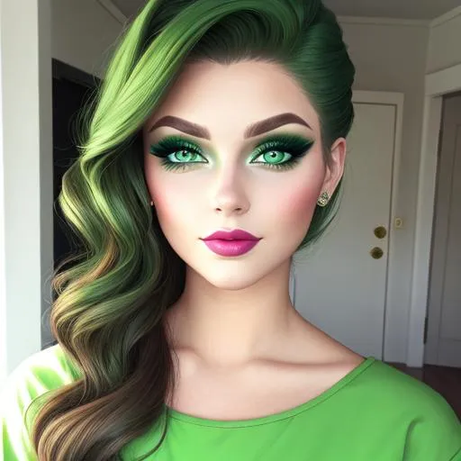 Prompt: A woman all in green, green eyes, pretty makeup