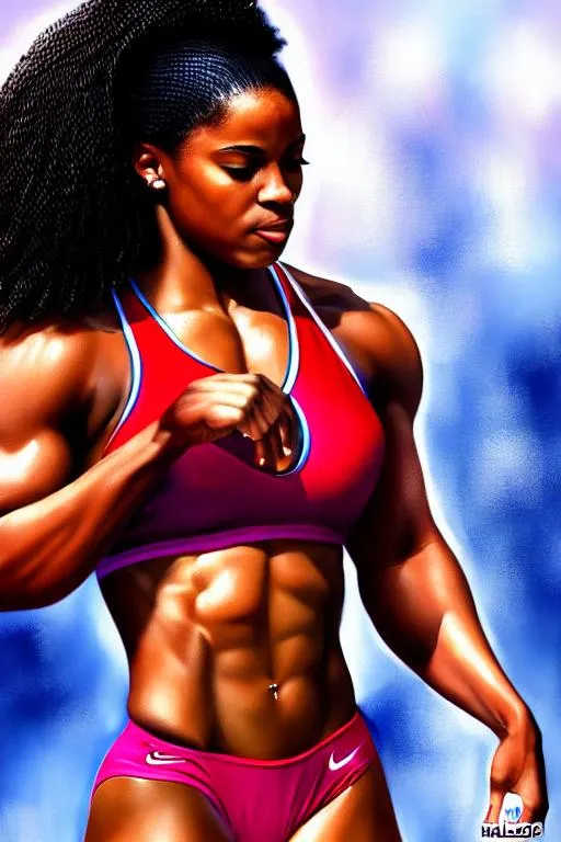 Prompt: ultra realistic detailed image of a cuvy, muscular, african american female olympic wrestler, gymnasium, highly detailed, digital painting, Trending on artstation, HD quality
