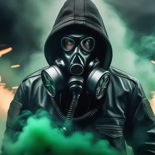 Prompt: Male agent with a gas mask, black and grey cyberpunk outfit with a hood, Surrounded by green smoke, fixing a car Hyperrealistic, sharp focus, Professional, UHD, HDR, 8K, Render, electronic, dramatic, vivid, pressure, stress, nervous vibe, loud, tension, traumatic, dark, cataclysmic, violent, fighting, Epic