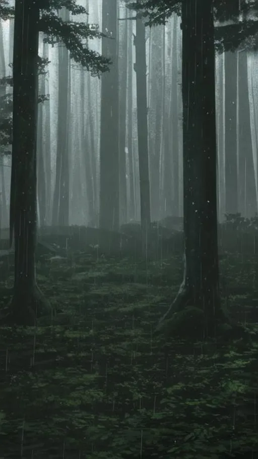 Prompt: Heavy rain in the dense forest.
Dark lighting, 4K, Darkness, low visibility. 