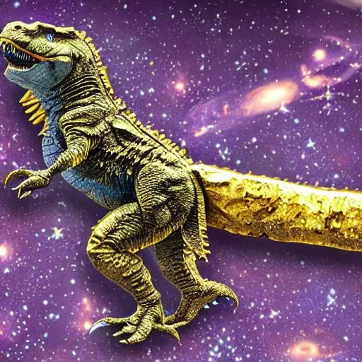 Prompt: Highly detailed trex with gold scars emiting purple flames from its back in outer space