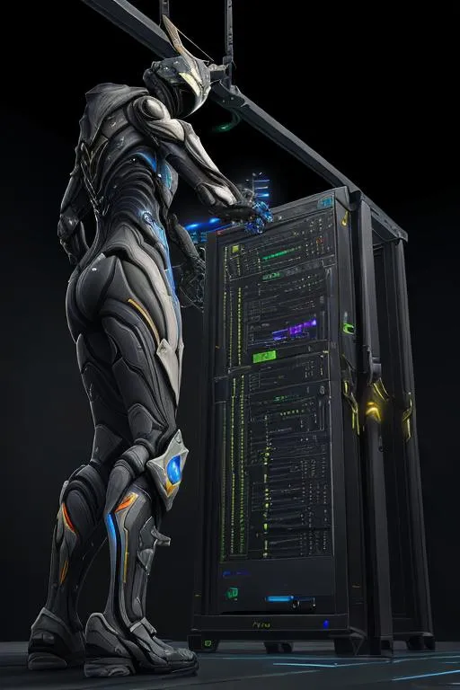 Prompt: a warframe forcibly hooked up to a  server mainframe