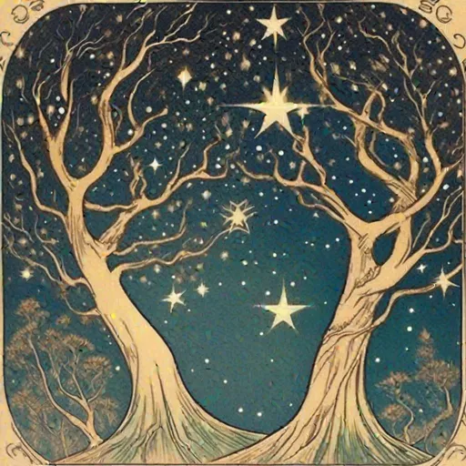 Prompt: Ethel Reed illustration of starry sky and elven trees tattoos
