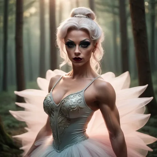 Prompt: (focused character gorgeous ultra-muscular 25-year-old Swedish drag queen bodybuilder), (elegant ballet pose), soft warm lighting, large busom, flowing pastel-colored tutu, enchanted forest background, delicate expression, intricate details in attire, dark eyeshadow,  dark red lipstick, immersive atmosphere, ethereal vibe, graceful movements, dreamy ambiance, intricate ballet shoes, glowing soft light filtering through trees, beautiful HD quality, atmospheric cinematic mastery