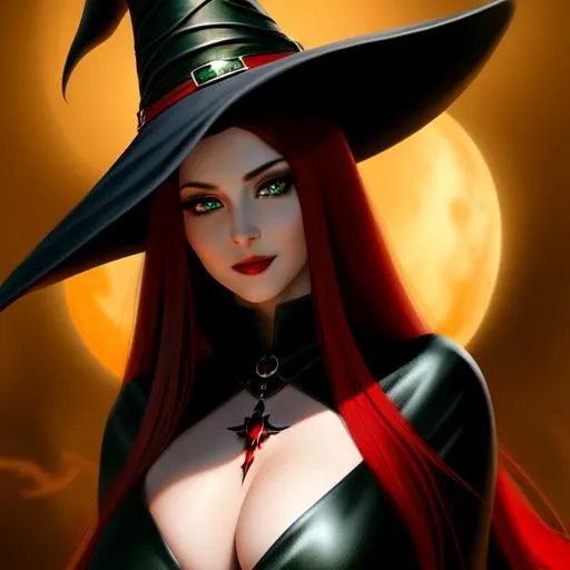 Prompt: Hyper realistic detailed full body image of hunched feminine ((sexy woman)) who has ((((poisonous green eyes)), ((((blood red hair)) with ((sexy black witch outfit)) with plunging neckline, black witch hat, balayage wild hair, grim smiling face expression, highly detailed, digital painting, Trending on artstation, HD quality, ((huge breast)), ((sexy))