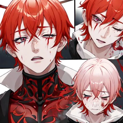 Prompt: Erikku male adult (short ginger hair, freckles, right eye blue left eye purple)  UHD, 8K, insane detail anime style, covered in blood, psychotic, covering his face with his hands, face covered in blood and cuts, blood highly detailed, crying out in pain, eyes closed