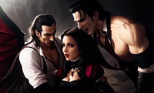 Prompt: Dracula, woman biting man's chest, vampires