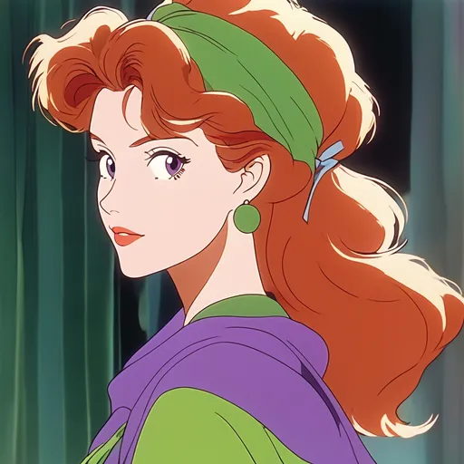 Prompt: 90's anime, cel shaded. A young redheaded woman wearing a head band, purple dress and green chiffon scarf