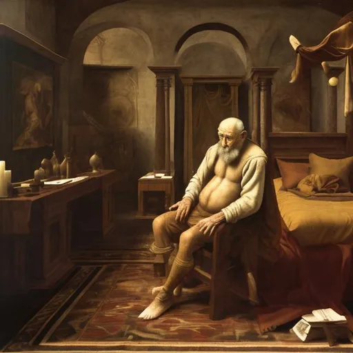 Old man dying alone in his own room  in the renaissance oil painting with earth tonesnormal human