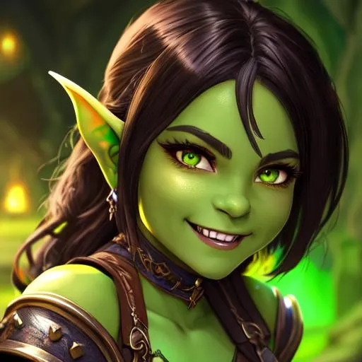 Prompt: oil painting, D&D fantasy, green-skinned-goblin girl, green-skinned-female, small, beautiful, short dark brown hair, wavy hair, smiling, pointed ears, fangs, looking at the viewer, cleric wearing intricate adventurer outfit, #3238, UHD, hd , 8k eyes, detailed face, big anime dreamy eyes, 8k eyes, intricate details, insanely detailed, masterpiece, cinematic lighting, 8k, complementary colors, golden ratio, octane render, volumetric lighting, unreal 5, artwork, concept art, cover, top model, light on hair colorful glamourous hyperdetailed medieval city background, intricate hyperdetailed breathtaking colorful glamorous scenic view landscape, ultra-fine details, hyper-focused, deep colors, dramatic lighting, ambient lighting god rays, flowers, garden | by sakimi chan, artgerm, wlop, pixiv, tumblr, instagram, deviantart