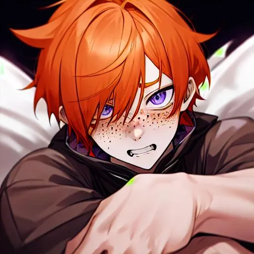 Prompt: Erikku male adult (short ginger hair, freckles, right eye blue left eye purple) UHD, 8K, Highly detailed, insane detail, best quality, high quality, 