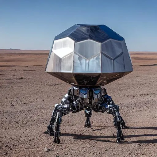 Prompt: Hyperrealistic photo portrait of a large mecha shaped like a spider, dark silver, dome on the top, on the desert plain. 