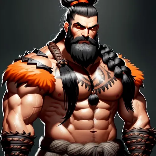 Prompt: Tall and very muscular man with black hair in a top knot and a short black beard with orange eyes, bara 
wearing barbarian clothing | ultra-fine details, intricate scene, ambient lighting, symmetrical facial features, accurate anatomy, sharp focus, final fantasy cgi still, artgerm, taken on nikon d750, scenic, splash art, tumblr instagram