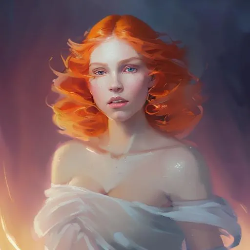 Prompt: portrait of goddess with rosey cheeks, flowing wavy pale red hair and orange eyes, wearing a black chiffon gown, casting magic |Krenz Cushart + loish +gaston bussiere +craig mullins, j. c. leyendecker +Artgerm, oil painting texture oil painting effect Krenz Cushart + loish +gaston bussiere +craig mullins, j. c. leyendecker +Artgerm, oil painting texture.