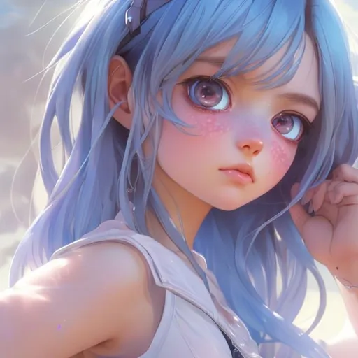 Prompt: a cute girl, smooth soft skin,sitting on car,showing entire chest, big dreamy eyes,revealing clothing,beautiful light blue colored hair, revealing clothing, wearing very short pants,symmetrical, anime wide eyes, soft lighting, detailed face, by makoto shinkai, stanley artgerm lau, wlop, rossdraws, concept art, digital painting, looking into camera
