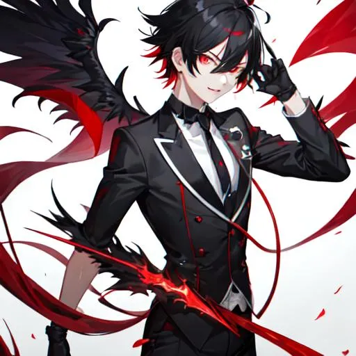 Prompt: Damien (male, short black hair, red eyes) going insane