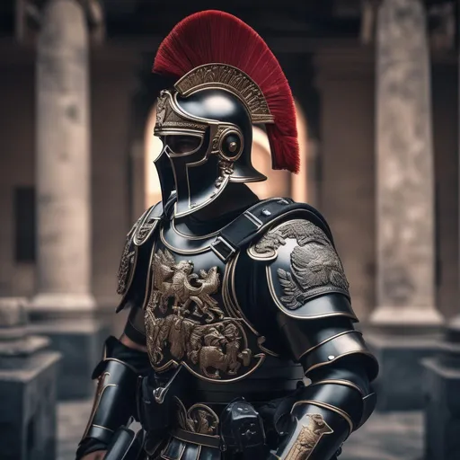 Prompt: A modern roman military male in black military armor galea helmet of roman armor, and gas mask, background military base, Hyperrealistic, sharp focus, Professional, UHD, HDR, 8K, Render, electronic, dramatic, vivid, pressure, stress, nervous vibe, loud, tension, traumatic, dark, cataclysmic, violent, fighting, Epic