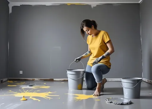 Prompt: a woman in a yellow shirt painting a room with gray walls and a bucket of paint on the floor, artist, action painting, neutral dull colors, a minimalist painting