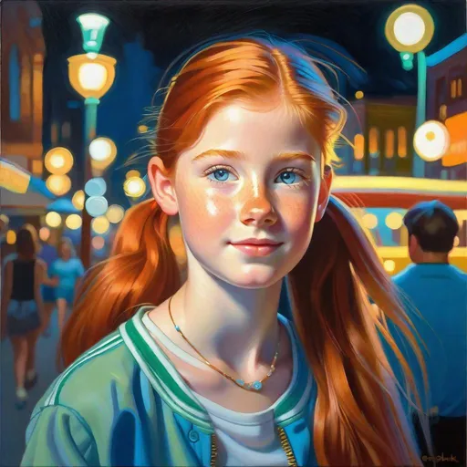 Prompt: 14 years old Irish American girl, pale skin, ginger hair, blue eyes, ponytails, freckles, tomboy, hot weather, Pittsburgh at night, cartoony style, extremely detailed painting by Greg Rutkowski by Steve Henderson 