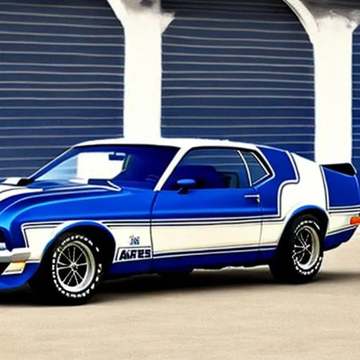 Prompt: 1972  sapphire blue Sapphire blue Ford Mustang, with white stripes.