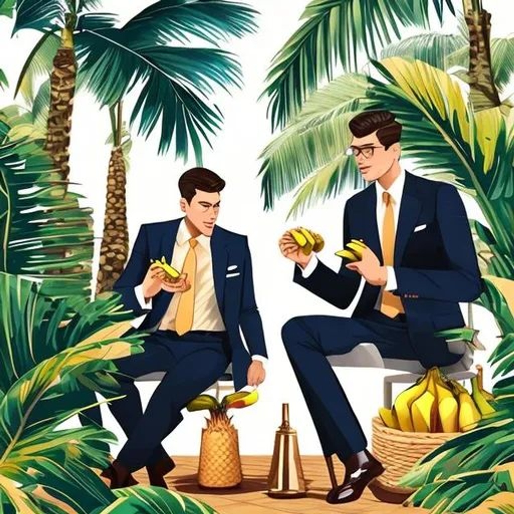 Prompt: Elegant rich business men eat bananas under a palm