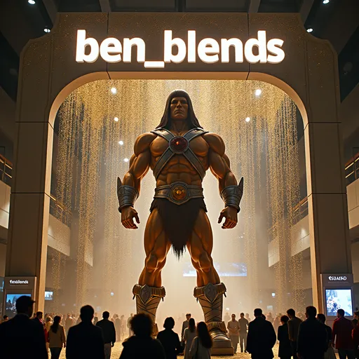 Prompt: A large sign above an archway, letters saying ("ben_blends"),a 12 foot statue of a articulated he-man toy, in front of the arch, glitter falling like rain, with various sizes of glitter particles cascading down. The glitter pieces should sparkle in different shades of gold, silver, and iridescent hues, varying in size from tiny specks to larger, shining flakes. The glitter should fall from the top to the bottom of the image, with a sense of depth and motion, a busy convention center lobby backdrop, groups of people watching