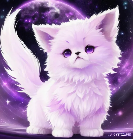 Prompt: Cute, purple, fluffy, fantasy space puppy, with starry, purple eyes, purple fur, and possessing the element of space and making circles of stars
 move around in the air in a magical way, in a space background. Perfect features, extremely detailed, realistic. Krenz Cushart + loish +gaston bussiere +craig mullins, j. c. leyendecker +Artgerm.