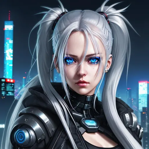 Prompt: cyberpunk, young woman,  silver hair that is long in pony tail , blue eyes, plump lips, anime style, hyperrealistic
