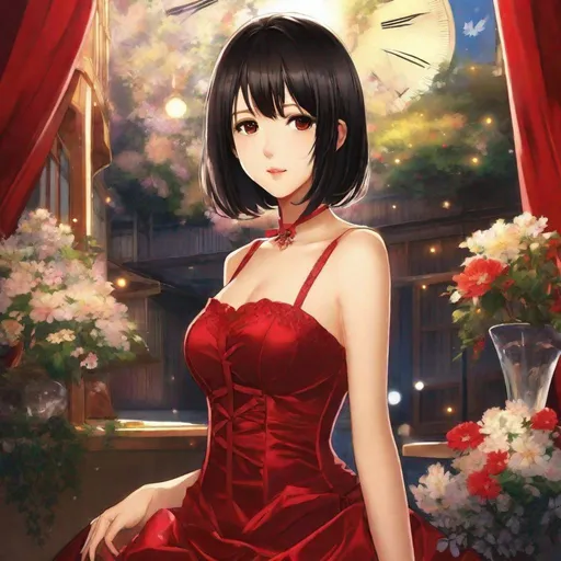 Prompt: anime art, pretty young Indonesian woman, 25 year old, (round face, high cheekbones, almond-shaped brown eyes, epicanthic fold, small delicate nose, luscious lips, short bob black hair), red silk bustier style dress, perfect hourglass figure, looking directly at camera, Japanese manga, Pixiv, Anime Key Visual, Fantia