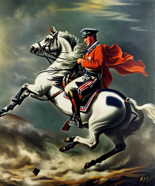 Prompt: Adolf Hitler Charging on a horse, Art Deco Painting