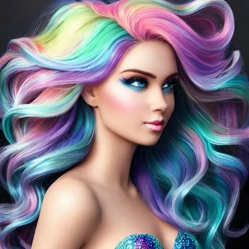 Prompt:  Beautiful mermaid, photorealistic face, curl long multicolored hair