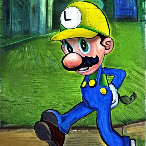 Prompt: Luigi  green cap  L in front entering  walking up to Luigi’s mansion with Boos scared trembling in the style of Van Gogh mixed media oil painting style 