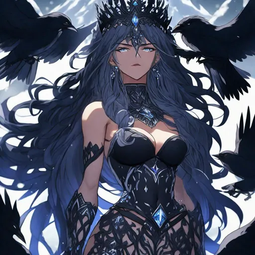 Prompt: highly detailed 8k UHD ultra realistic Full Body View anime goddess Queen of Kings, got raven hair. Dark as night icy eyes Nordic detailed fused with cell shade. six pack abs.