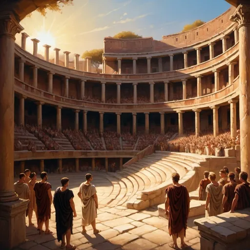 Prompt: an amphitheater, ancient scene, with historical details, 1st century period, roman tunics, painting style