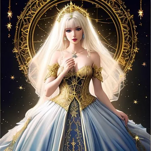 Prompt: Chiaroscuro, full-body painting of a beautiful pale-skinned princess ((((beautiful full body)))), ( platinum blonde hair with flowers, messy), ropes, ((night castle background)), bioluminescent, (wearing intricate jewelry) gold gothic flowing dress with golden filigree details and ornamental jewelry, vines, delicate, soft, fireflies, spiders, spider webs, webs, silk, threads, ethereal, luminous, glowing, dark contrast, celestial, highly detailed face, ribbons, trails of light, 3D lighting, soft light, vaporware, volumetric lighting, occlusion, Unreal Engine 5 128K UHD Octane, fractal, pi, fBm, 
