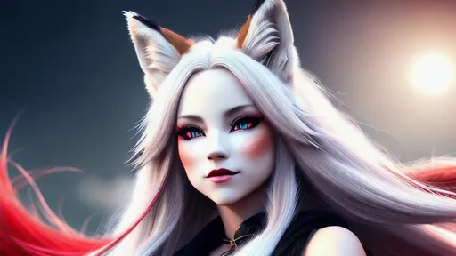 Prompt: Fox girl, woman, girl, fox, lady, fox woman, fox lady, female, female fox, fox female, long white hair, blood red eyes, midnight sky, {{{Hyper detailed}}}, {{{Photorealistic}}}, {{{Hyper realistic}}}