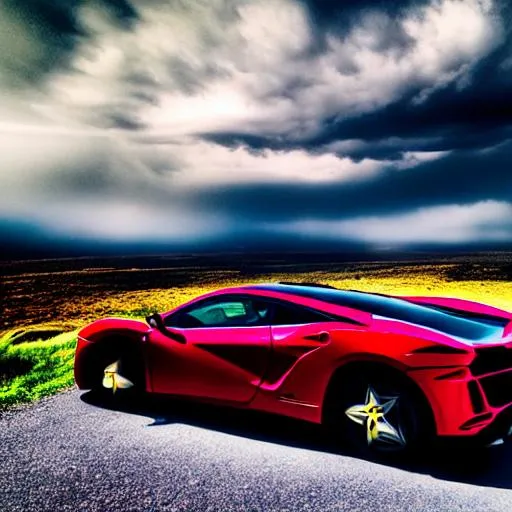 Prompt: long shot scenic professional photograph of {scenery}, perfect viewpoint, highly detailed, wide-angle lens, hyper realistic, with dramatic sky, polarizing filter, natural lighting, vivid colors, everything in sharp focus, HDR, UHD, 64K, with A man, car like red Ferrari, messy hair,good bulk physic