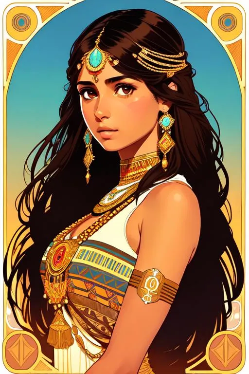 Prompt: Upper body portrait of Cute girl Naomi Scott, brown long hair, tan skin,brown tribal war dress, intricate, detailed face. by Ilya Kuvshinov and Alphonse Mucha. Dreamy, sparkles