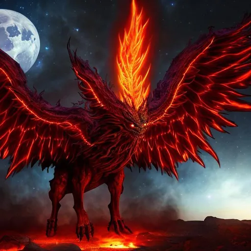 Prompt: desert fire supernatural entity 
 demon 
wings eyes cosmic horror

