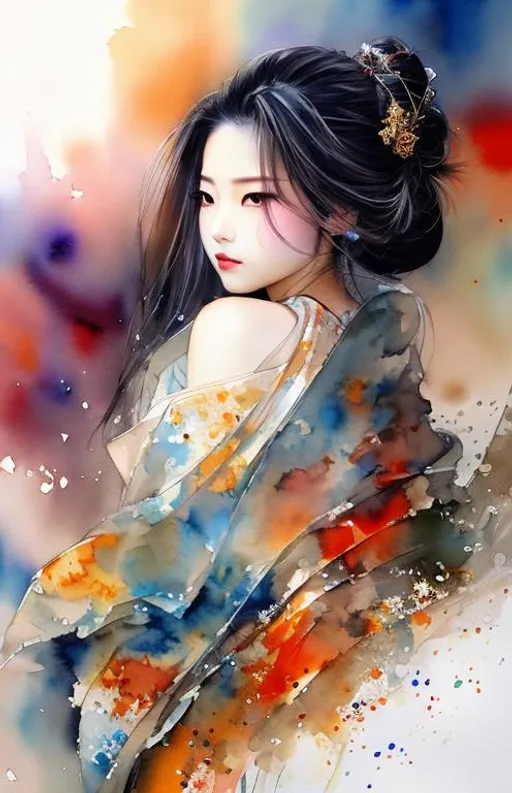 Prompt: Yoshitaka Amano, Watercolor painting, geisha, visible face, beautiful, high definition, burning city